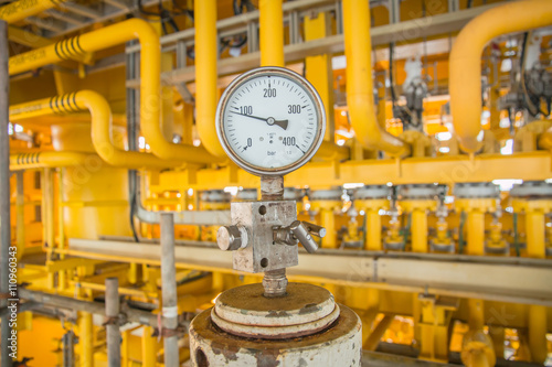 Pressure gauge for monitoring measure pressure in oil and gas process, Offshore oil and gas industry.Oil and gas wellhead platform in the gulf or the sea, The world energy.