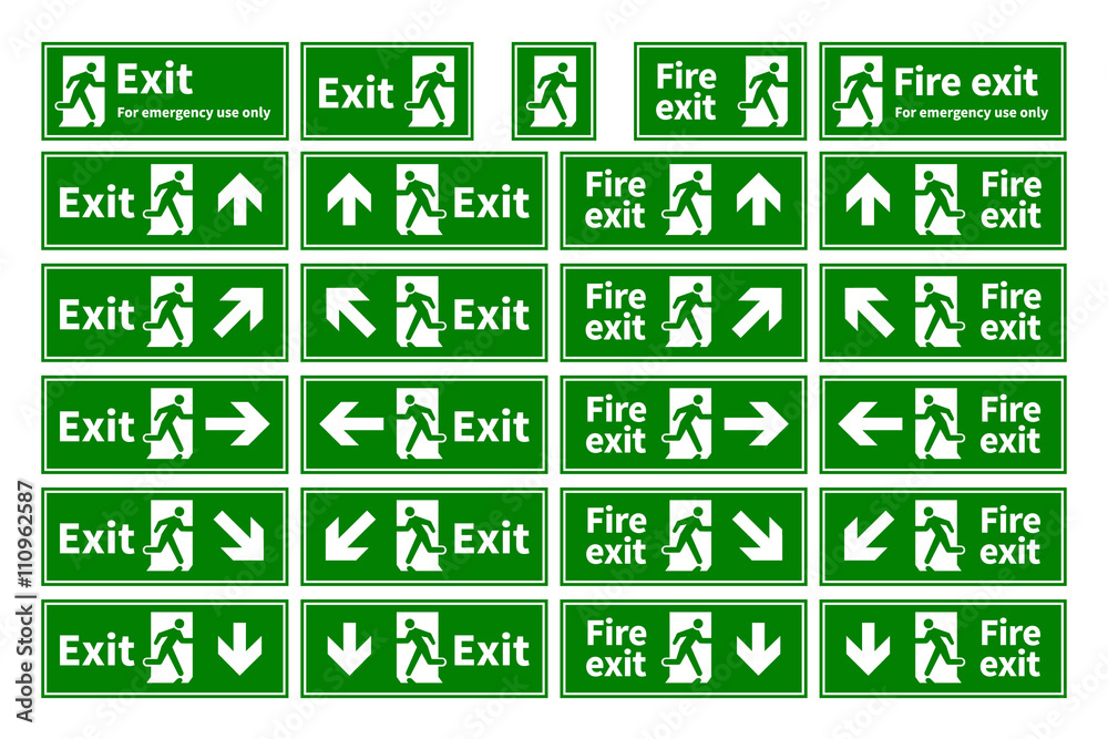 Set of emergency fire exit green signs with different directions on white