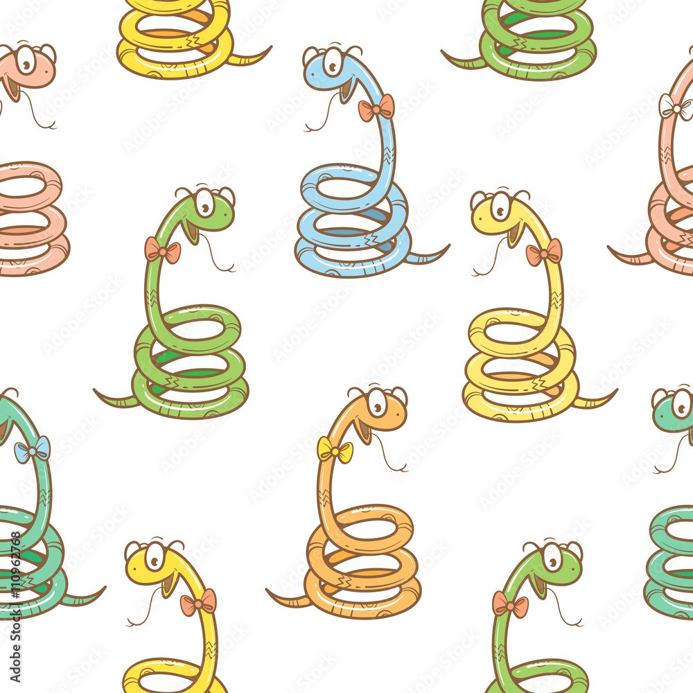 Seamless pattern with cute cartoon colorful snakes in glasses on a ...