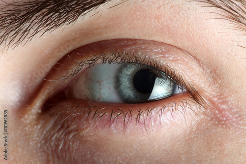 Nahaufnahme eines maennlichen Auges, gemein oder unheimlich blickend 