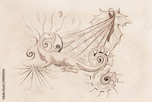 drawing of ornamental dragon and sun with wine leaf on old paper background.
