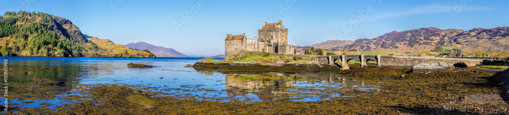 Panorama of Eilean Donan Castle in Highlands of Scotland