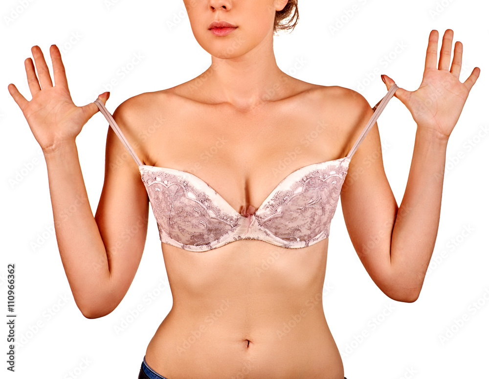 Breast self exam. Girl removes bra ...