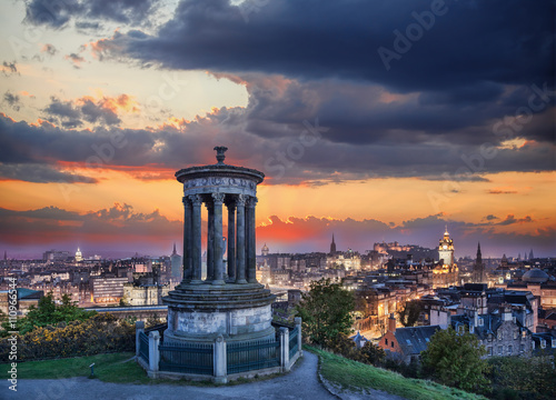 Edinburgh against sunset with Calton Hill in Scotland