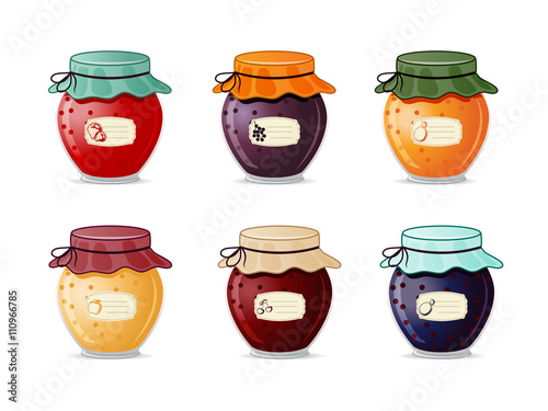 Illustration of six colorful jam jars