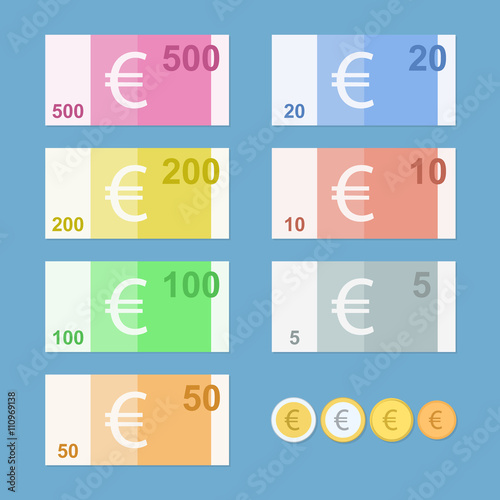 Euro banknotes. Euro money coins. Simple, flat style. Graphic vector illustration.