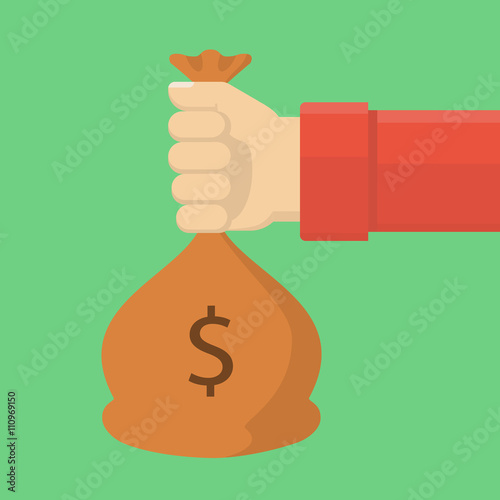 Hand with money bag. Holding a bag of money. Flat style. Graphic vector illustration.