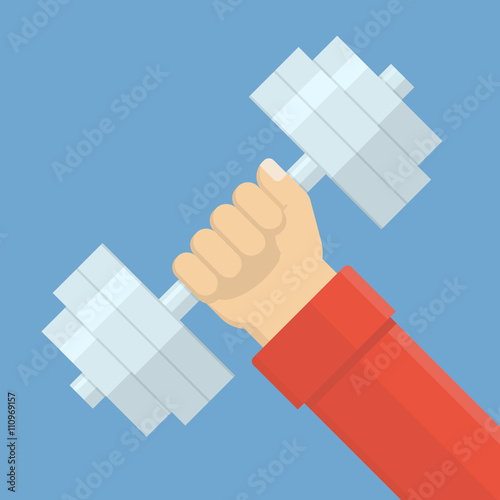 Dumbell in hand. Simple, flat style. Graphic vector illustration.