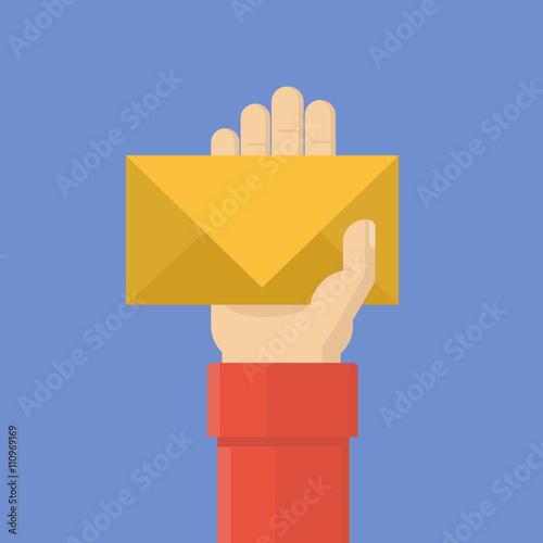 Concept keeps envelope. Hand holds a letter. Give letter, get the message, incoming message, delivery of messages, sending messages, mail notification, get mail. Vector illustration.