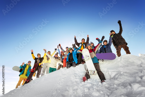 Group of tourists having fun at ski and snowboard resort Sheregesh. Siberia, Russia