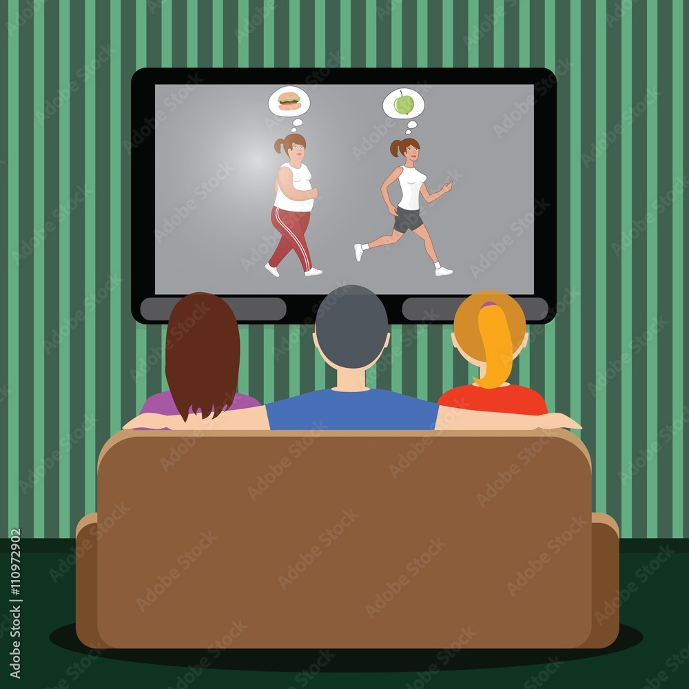 People behind the TV-set watching how to slim body
