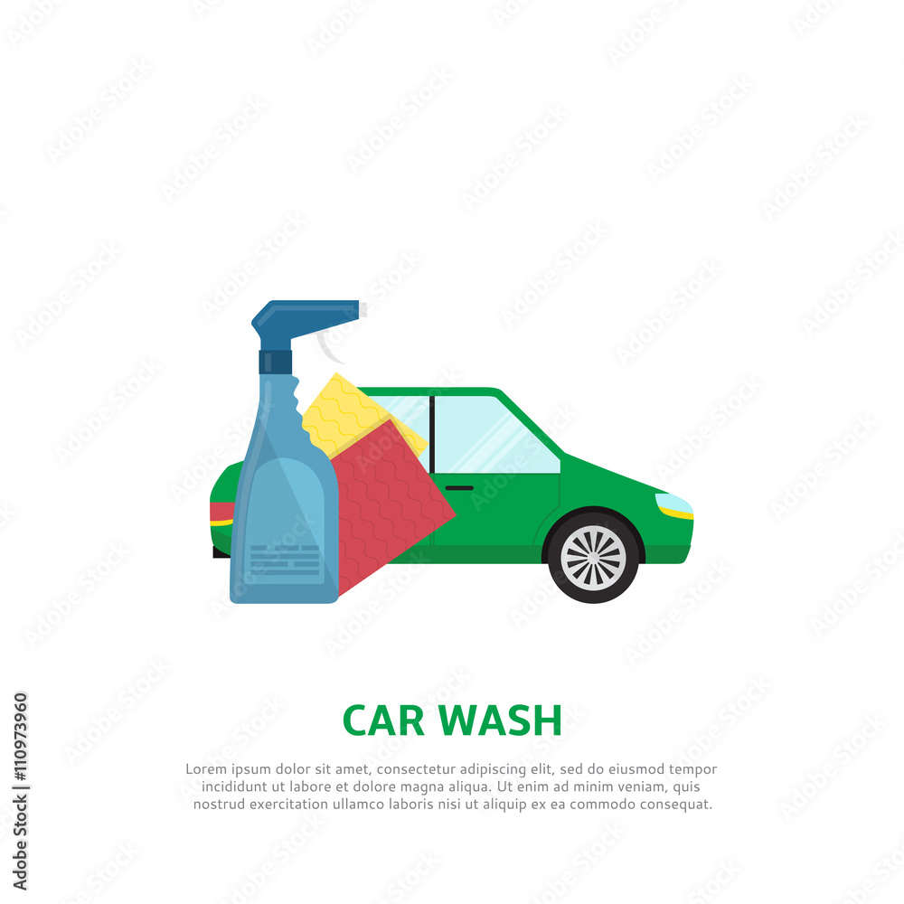 Car wash web banner in flat style. Vector background with car, detergent product, napkins.