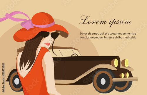 Card with young girl in red dress and red hat with retro car