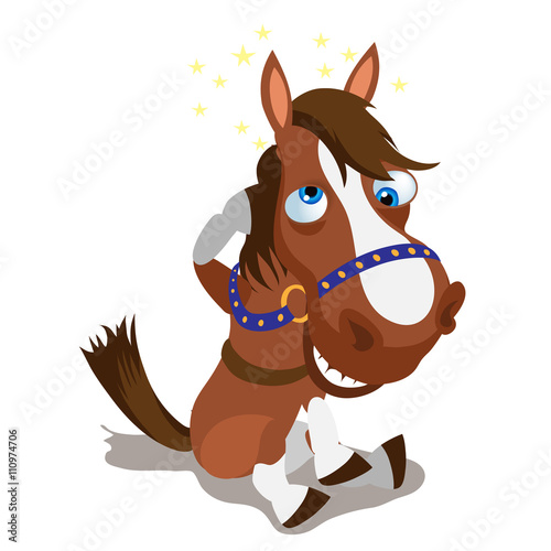 Shell-shocked brown horse on a white background