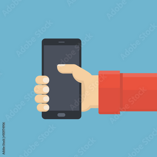 A hand holding a mobile phone. Keeps smartphone. Holds phone. Vector illustration.