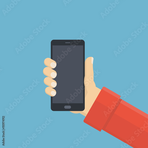 Holds phone, phone in hand, smartphone in hand. Vector illustration.
