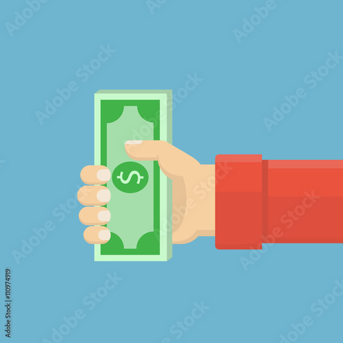 Holding bundle of dollar banknotes. Proposing dollar banknotes. Give money, get money, take money. Flat style. Graphic vector illustration.