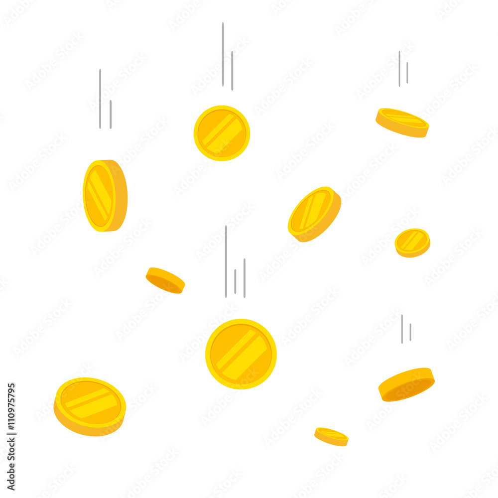 Coins falling vector illustration, falling money, flying gold coins