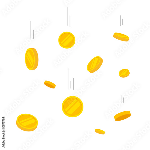 Coins falling vector illustration, falling money, flying gold coins, abstract coins dropping golden rain concept modern flat cartoon design isolated on white background photo