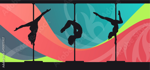 Black vector silhouettes of female pole dancers performing pole moves on abstract background.