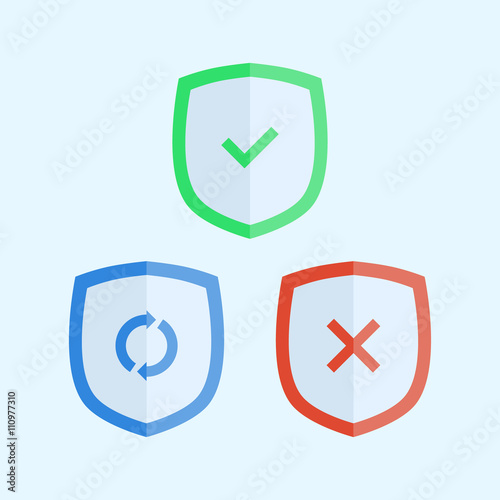 Shield icon. Shield with a check mark. Shield with updating. Shield with cross. Icon vector illustration.
