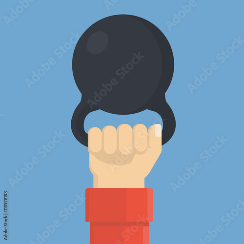 Hand holds weight. Simple, flat style. Graphic vector illustration.