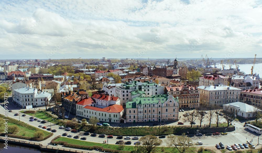 Panoramic view of the old Viipuri city from the observation deck of the Vyborg Castle, Russia.