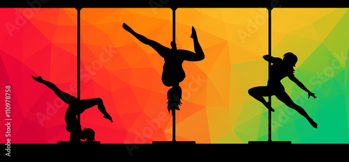 Black vector silhouettes of female pole dancers performing pole moves on abstract background.