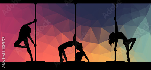 Black vector silhouettes of female pole dancers performing pole moves on abstract background.