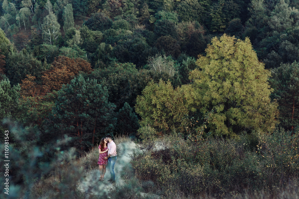 Fototapeta premium Beautiful couple, husband & wife posing & kissing in forest, lan