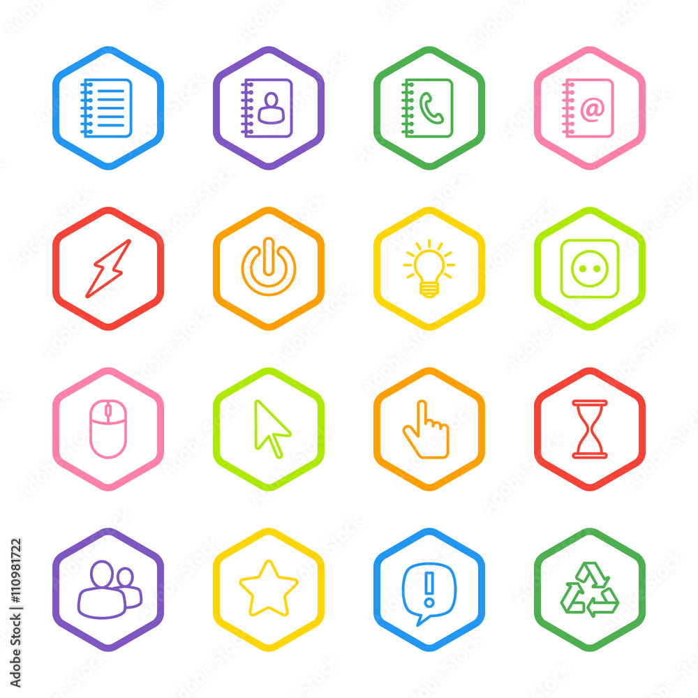 colorful line web icon set with hexagon frame for web design, user interface (UI), infographic and mobile application (apps)