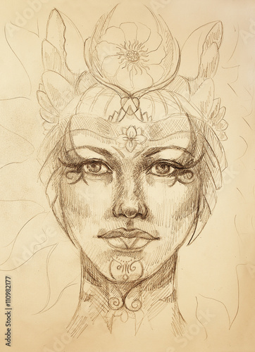 Wallpaper Mural mystic woman face with floral ornament. Drawing on paper, Color effect. Eye contact. Torontodigital.ca