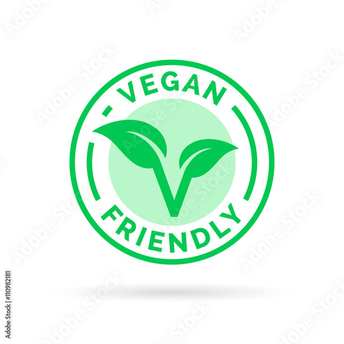 Vegan icon design. Vegan food emblem. Vegan friendly food sign with letter 'V' and leaf icon product stamp. Vector illustration.