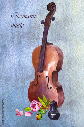Still life.Violin detailed sketch  colored violin on paint aquarelle background. Isolated on white  illustration with inscription  romantic music . Blue backdrop