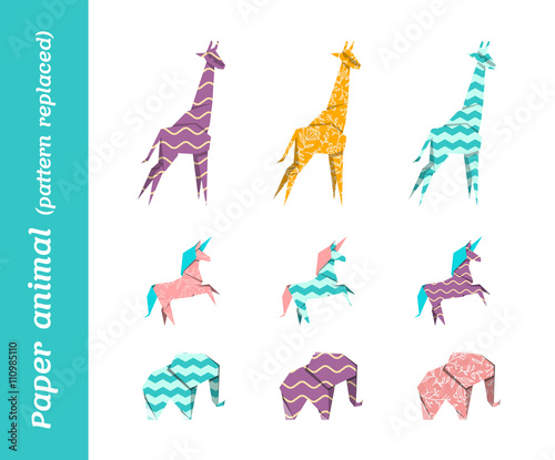 Paper origami vector animals with replaced patterns