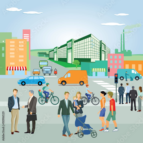 Stadtpanorama mit Straßenverkehr