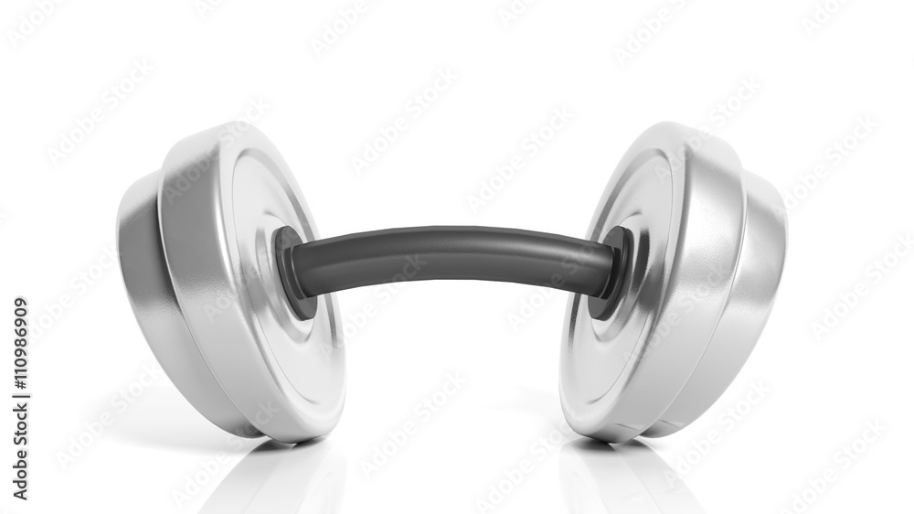 3D rendering of adjustable metallic dumbbell with a bend, isolated on white background. 3D rendering of adjustable metallic dumbbell with a bend, isolated on white background.