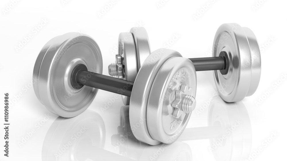 Naklejka premium 3D rendering of adjustable metallic dumbbells, isolated on white background.