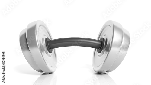 3D rendering of adjustable metallic dumbbell with a bend, isolated on white background.