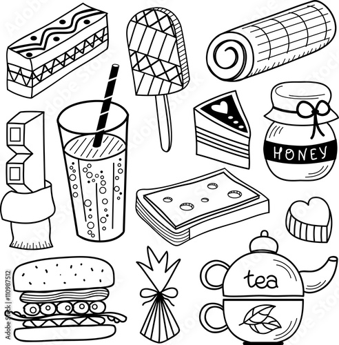 Food and drink set. Black and white pencil drawing