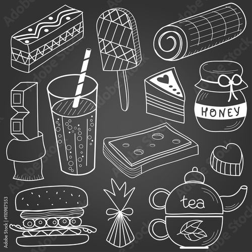 Food and drink set. Black and white pencil drawing