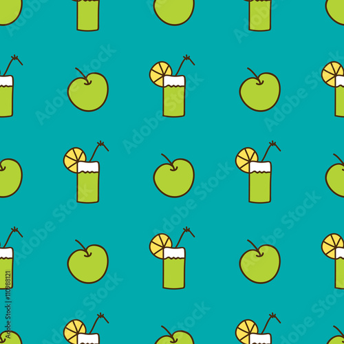 Seamless summer background. Hand drawn pattern. Suitable for fabric, greeting card, advertisement, wrapping. Bright and colorful apple and cocktail backdrop