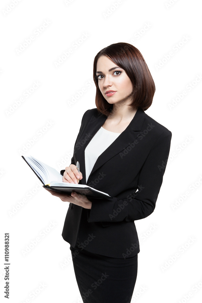 business woman holding a diary and pen isolated on white business woman holding a diary and pen isolated on white