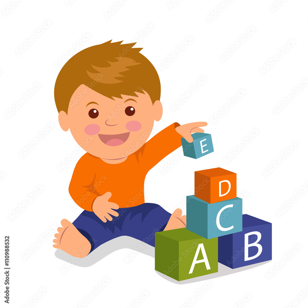 Cheerful toddler sitting collects a pyramid of colored cubes. Concept development and education of young children. Cheerful toddler sitting collects a pyramid of colored cubes. Concept development and education of young children.