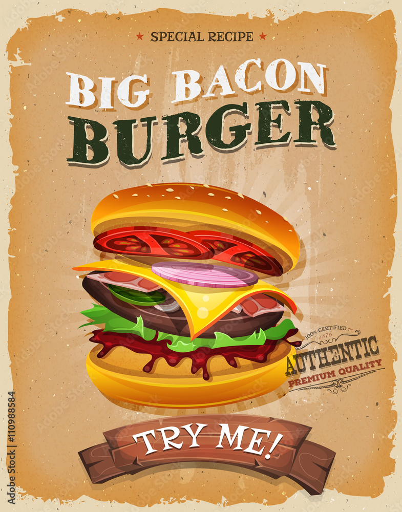 Plakat Grunge I Rocznika Duży Bekonowy Burger Plakat