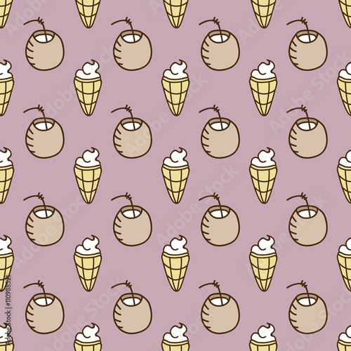 Seamless summer background. Hand drawn pattern. Suitable for fabric, greeting card, advertisement, wrapping. Bright and colorful cocktail and ice cream backdrop