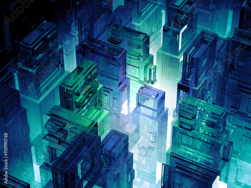 Futuristic micro chips city. Computer science information technology background. Sci fi megalopolis.