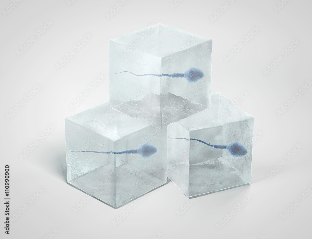 Frozen spermatozoon. 3D illustration of the sperm swimming to the ovule on white background. Minimalistic. Sperm Bank. Frozen spermatozoon. 3D illustration of the sperm swimming to the ovule on white background. Minimalistic. Sperm Bank.