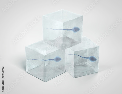 Frozen spermatozoon. 3D illustration of the sperm swimming to the ovule on white background. Minimalistic.  Sperm Bank.
