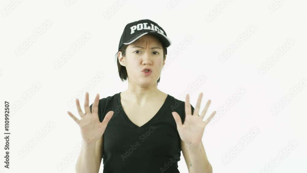 caucasian police woman isolated on white upset anger interview talking